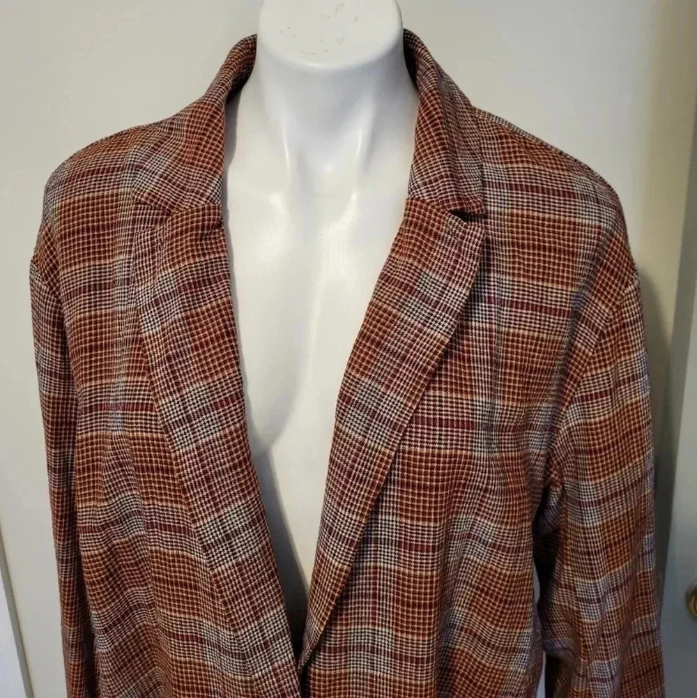 Free People Simply Plaid Linen Blend Oversized One Button Slouchy Blazer(S) - Picture 5 of 12